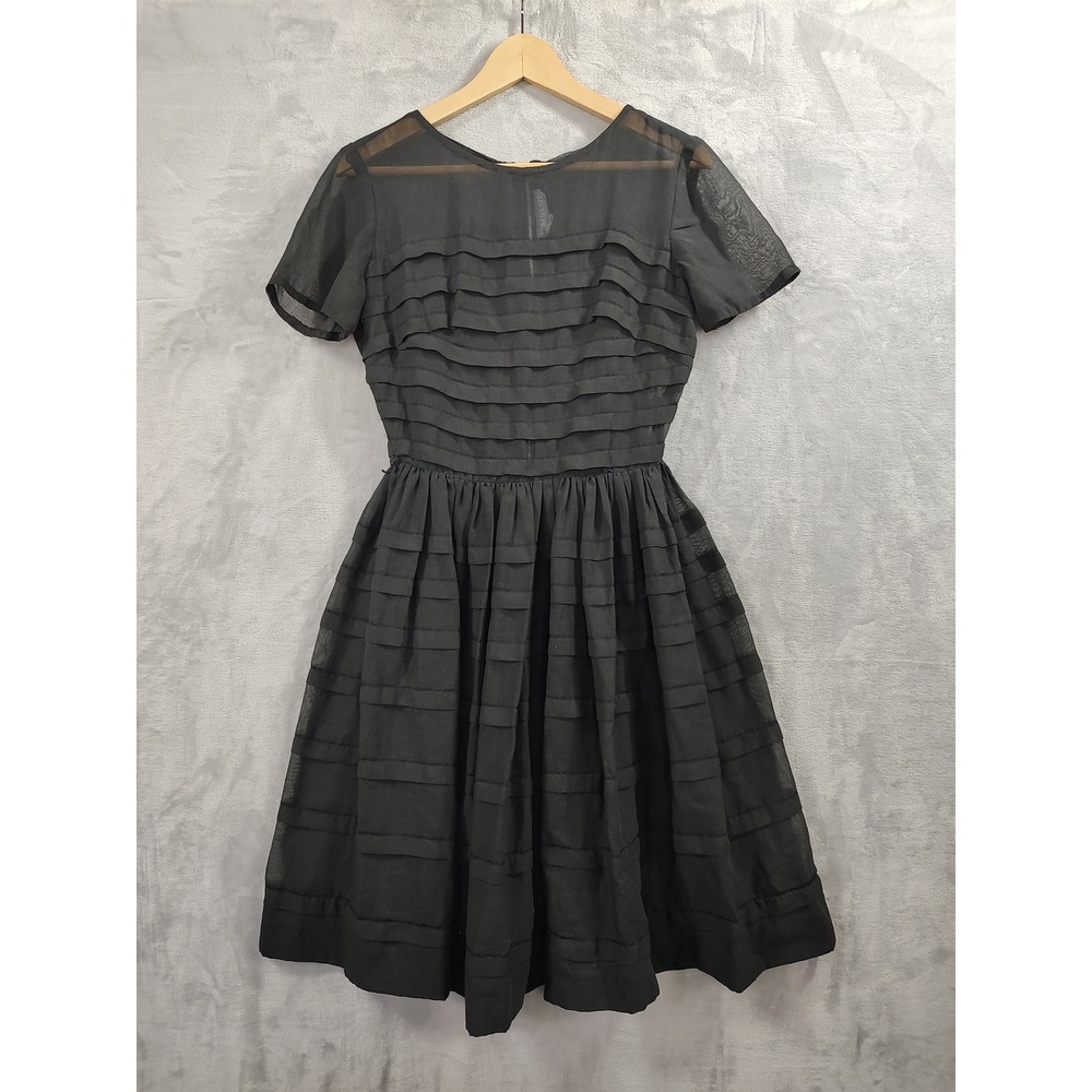 Vintage L'Aiglon Black Tiered Fit and Flare Dress Sheer Short Sleeve Metal Zip